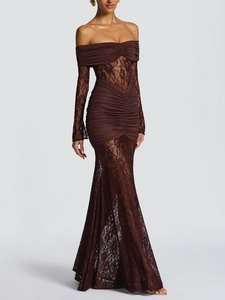 Detail of off-shoulder dark brown dress with ruching and floral lace mermaid hem