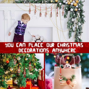 Nutcracker wooden ornaments shown on Christmas trees, fireplaces, and gift bags