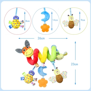 Spiral plush baby stroller toy with animal hanging charms and teething rings, 23cm height