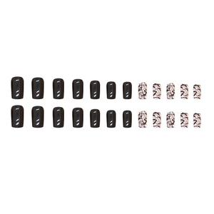 Black press-on nails in medium square shape with abstract crackle and solid designs