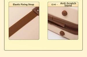 Detail of elastic straps and anti-scratch feet on beige and brown hardshell suitcase