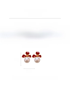 Detailed view of red floral pearl earrings with size dimensions and silver needle posts