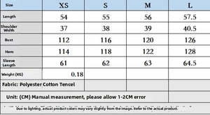 Size chart showing XS to L measurements for a puff sleeve poplin shirt in cm