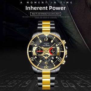 Detailed macro view of black and gold two-tone stainless steel chronograph watch band