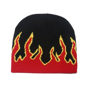 Hip-hop knit beanie featuring red and yellow flame pattern on black knitted fabric