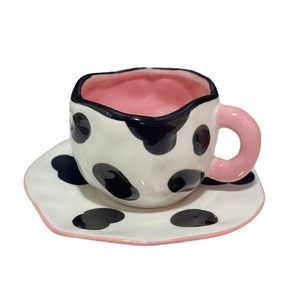 Irregular handmade ceramic coffee cup and saucer set with pink cow print pattern