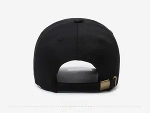 Rear view of black cotton baseball cap showing adjustable bronze metal buckle strap