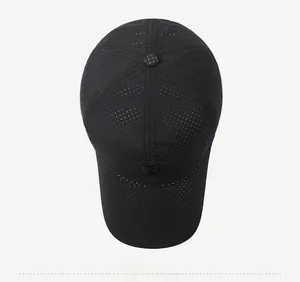 Top view of black breathable mesh baseball cap with perforated quick-dry fabric details