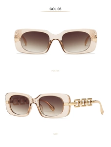 Detail of champagne square sunglasses with tea gradient lenses and metal chain temples