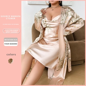 Peignoir Et Chemise De Nuit Élégants À Imprimé Fleuri Pour Femmes En Satin Imitation Satin Vêtements De Nuit Respirants Décontractés