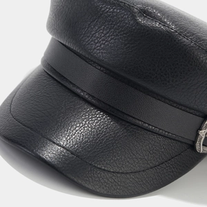 British style black faux leather baker boy hat with retro metal buckle detail