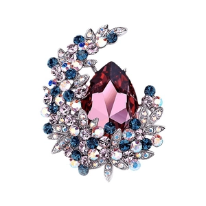 Elegant crescent moon brooch with pear-cut red crystal and colorful rhinestones on silver base