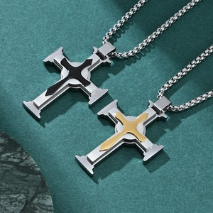 Three-layer floral cross pendant necklaces in gold and silver finish with metal chains