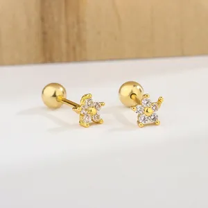 Boucles D'Oreilles Puces Fleur En Cuivre Zircone Fermoir À Vis Bijoux Minimalistes Pour Femmes