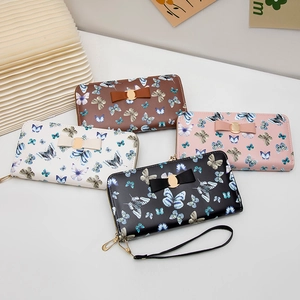 Women Long Wallet PU Leather Butterfly Print Bow Decor Wristlet Strap Large Capacity Zipper Clutch Bag