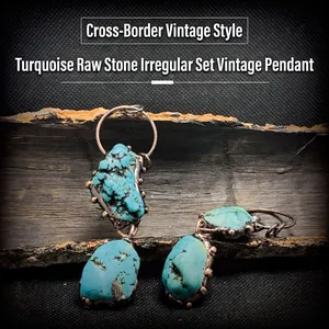 Collana Pendente Pietra Grezza Turchese Irregolare Avvolto Rame Stile Punk Bohemian Vintage Gioielli