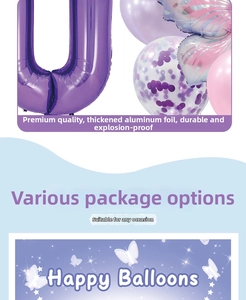 Detail of pink and purple butterfly foil number balloons with thick non-burst material