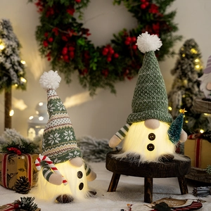 Detail of light-up Christmas gnomes with knitting hats and candy cane in festive setting