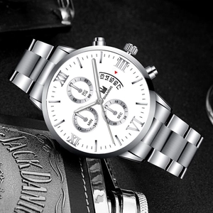 Detail view of the silver steel watch dial with Roman numerals and three-eye chronograph display