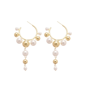 Elegant gold pearl C-shaped earrings with tassel dangles for women in a luxury design