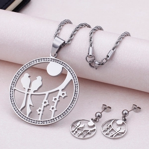 Silver stainless steel bird and moon necklace and earrings jewelry set with crystals
