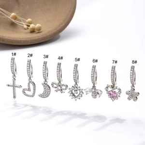 Set of 8 silver stainless steel navel belly rings with zircon in various motifs