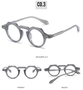 Detail view of round translucent grey sunglasses with geometric frame from multiple angles