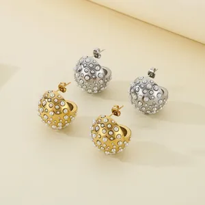 Exaggerated Half Ball Sphere Hoop Earrings With Artificial Pearl And Rhinestone Stainless Steel For Women European Style