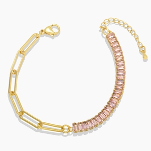 Golden paperclip chain bracelet with pink rectangular zircons and adjustable lobster clasp