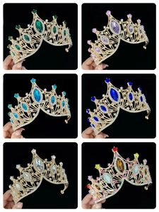 Detailed grid of baroque bridal crowns in gold with green, blue, and purple gemstones