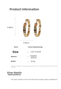 Detailed size chart and specifications for gold hoop earrings with heart-shaped zircon