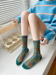 Detail of vintage floral knit crew socks with embossed flower patterns and contrast toe