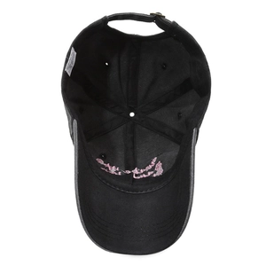 Inside view of washed cotton baseball cap with adjustable metal buckle and embroidery