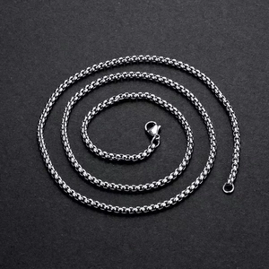 Close-up of polished silver stainless steel round box chain with a secure lobster clasp