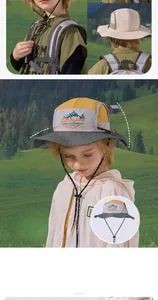 Detailed view of kids outdoor sun hat showing 7cm wide brim and adjustable chin strap