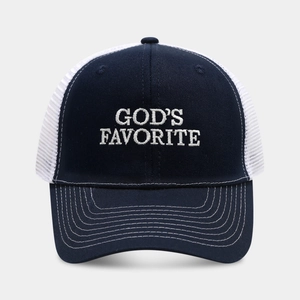 Close-up of God's Favorite embroidery on navy blue mesh trucker baseball cap
