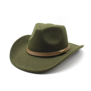 Detailed close-up of olive green wool fedora with brown leather band and gold buckle