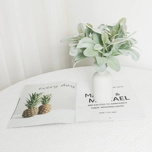 Flocked lamb's ear foliage in a white ceramic vase on a delicate lace tablecloth