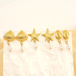 18K gold plated stainless steel ocean earrings set with shells, starfish and pearls