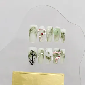 Handcrafted press-on nails with 3D koi fish, bamboo painting and jade green ink marble
