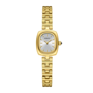Petite montre vintage dorée pour femme avec cadran carré et couronne en pierre bleue