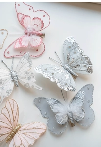 Detailed close-up of Christmas butterfly ornaments with mesh, glitter, and faux pearls