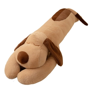 Soft plush long sleeping dog pillow with cute embroidery and brown color blocks