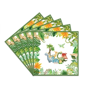 Close-up of stacked dinosaur party napkins with watercolor tropical rainforest motifs