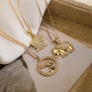 Animal Pendant Necklace Copper Gold Plated Dainty Zircon Elephant Turtle Deer Elegant Fashion Jewelry Women