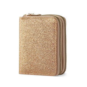 Sparkly champagne gold double zipper accordion wallet for women with glitter finish