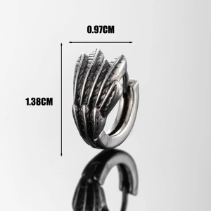 Retro stainless steel huggie earring with wing design and size dimensions shown