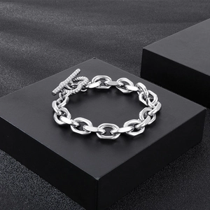 Close-up of silver stainless steel chain bracelet with industrial toggle clasp