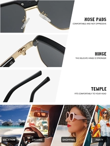 Detail view of gold hinges and nose pads with various lifestyle scenes wearing sunglasses