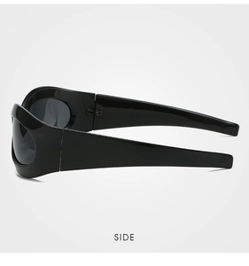 Side view of sleek black polarized sunglasses featuring wide streamlined temples